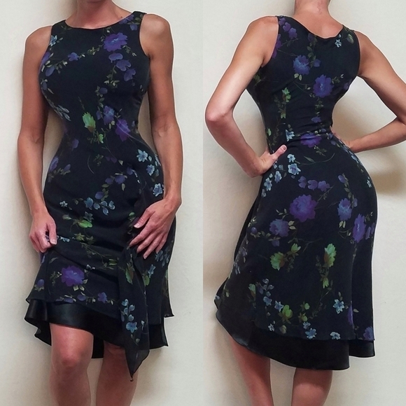 Vintage Dresses & Skirts - VINTAGE Liz Claiborne Purple Floral Silk Chiffon Black Satin Ruffle Midi Dress M